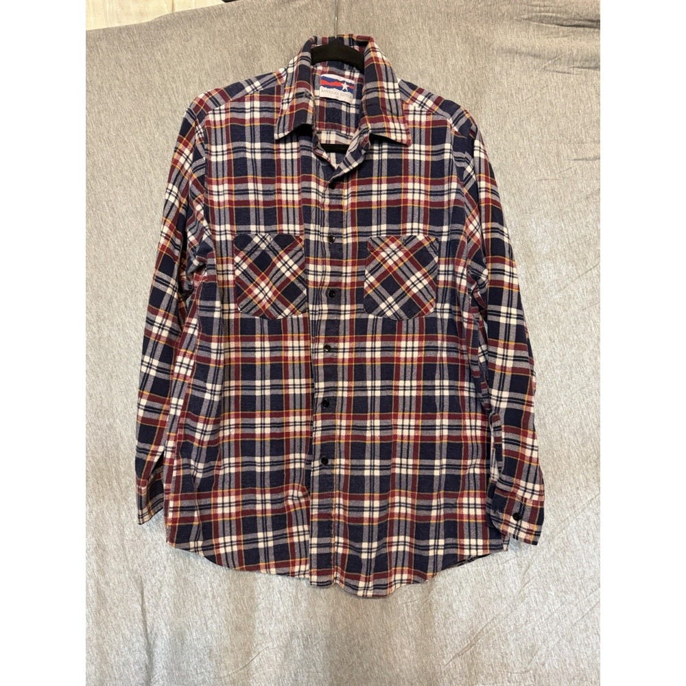 American Edition Plaid Flannel Cotton Button-Up Shirt Navy Red L Long Sleeve